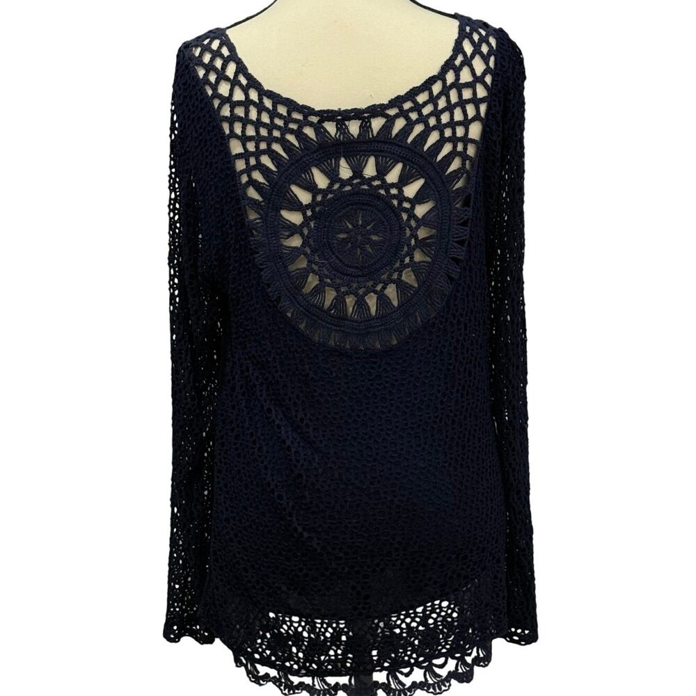 Pronto Moda Made in Italy Open Knit Lace Top Boho Bell Sleeve Navy Medallion